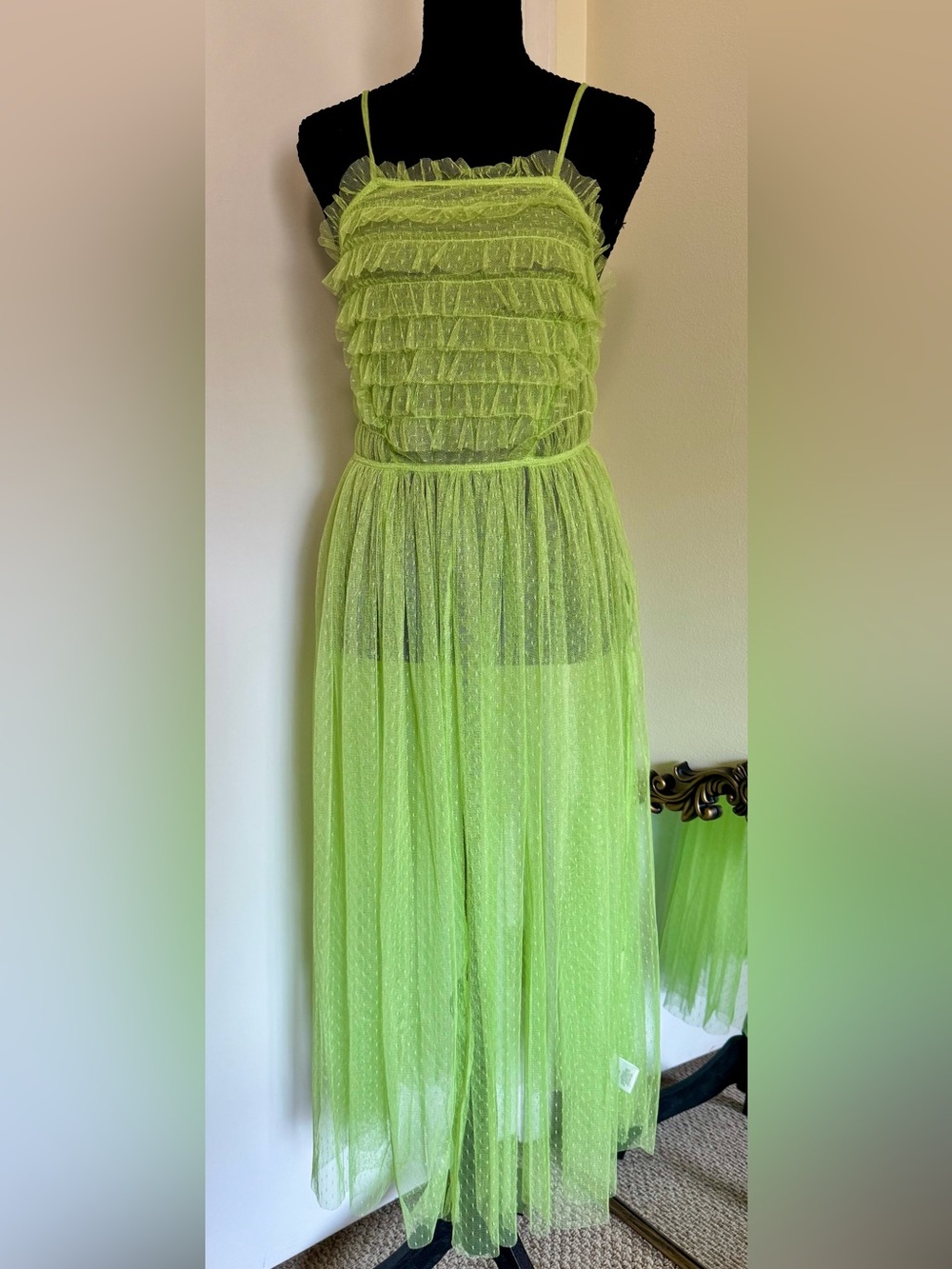 Romeo & Juliet Couture Lime Green Tulle Ruffle Maxi Dress